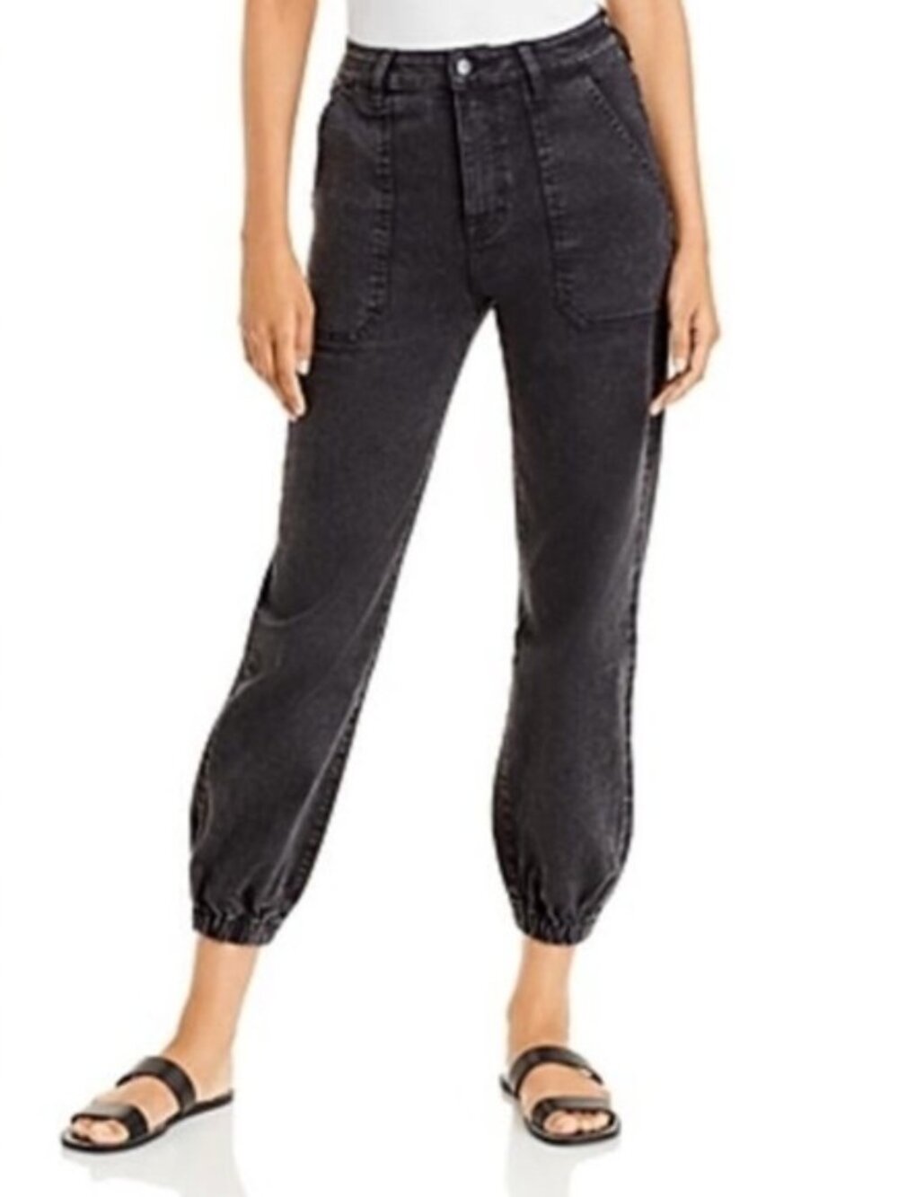New Paige Mayslie Jogger Jeans Zip Legs Flap Patch Pockets Stretch Black Mist 34